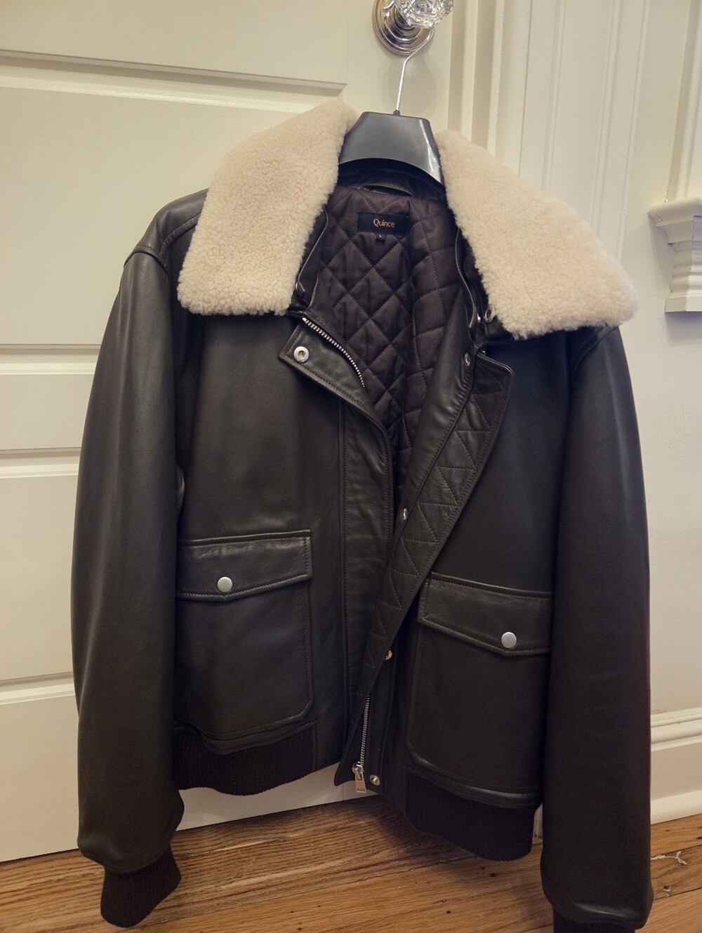 Quince Dark Brown Leather Bomber with removavle Cream Shearling Collar